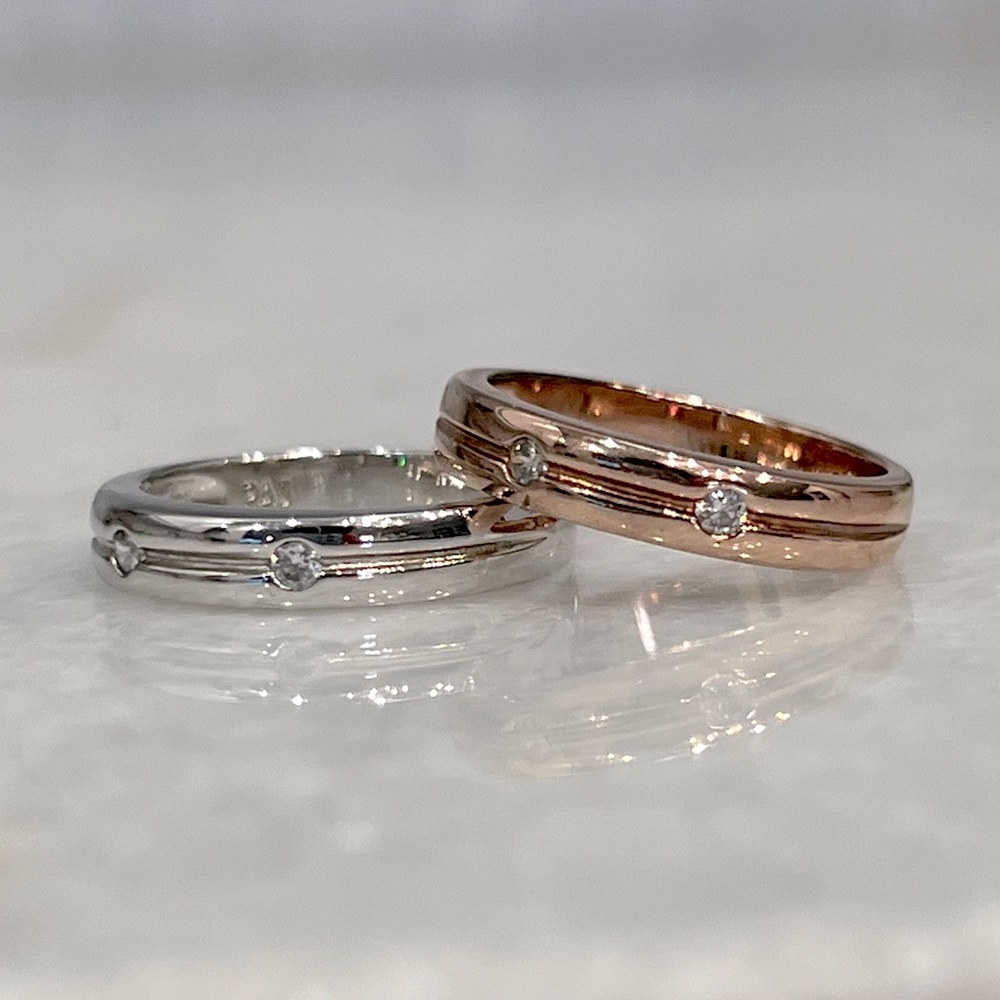 Set of 2 (Sim) Diamond Studded Sterling Silver 14K RG Band Rings Sz 7